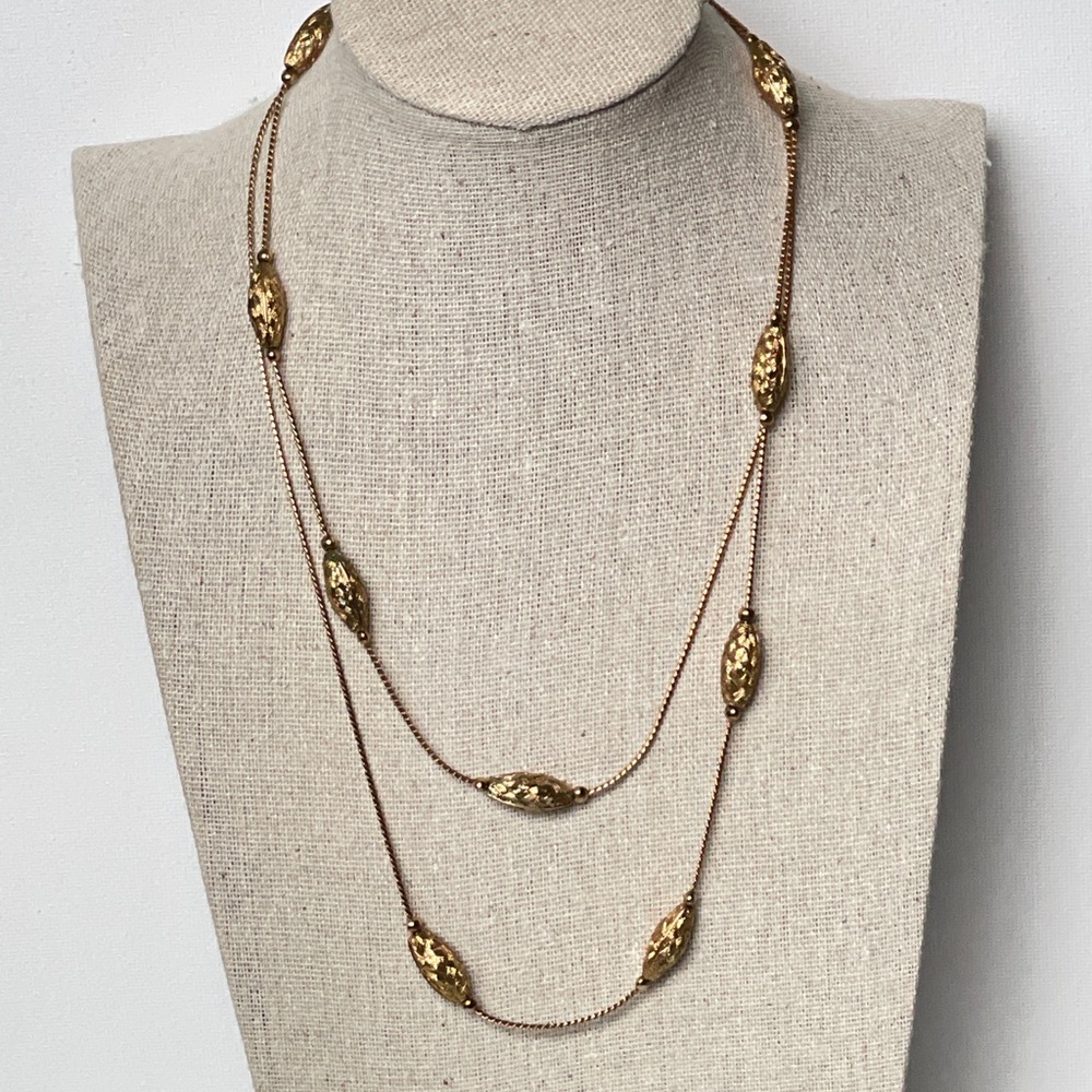 Vintage Gold Tone Filigree Bead Station Necklace 35” Long Box Chain